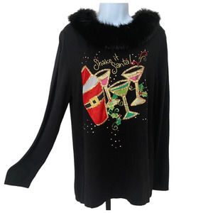 NWT Berek Christmas Sweater Shake It Santa Faux Fur Size Large Black Cocktails